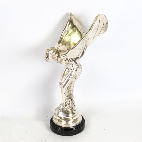 308 - A reproduction silver plate on bronze sculpture, the Spirit of Ecstasy, black marble plinth, height ... 