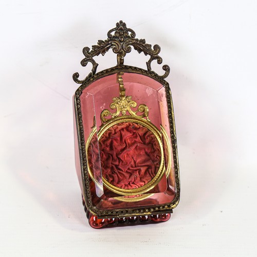 159 - 19th century cranberry glass and gilt-brass mounted pocket watch display cabinet, height 13cm, width... 