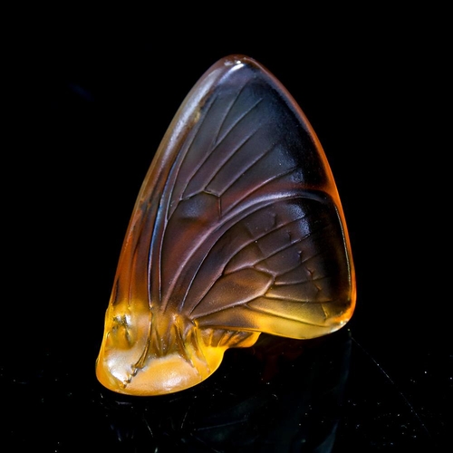 343 - LALIQUE FRANCE - amber coloured frosted glass butterfly, signed, height 5.5cm