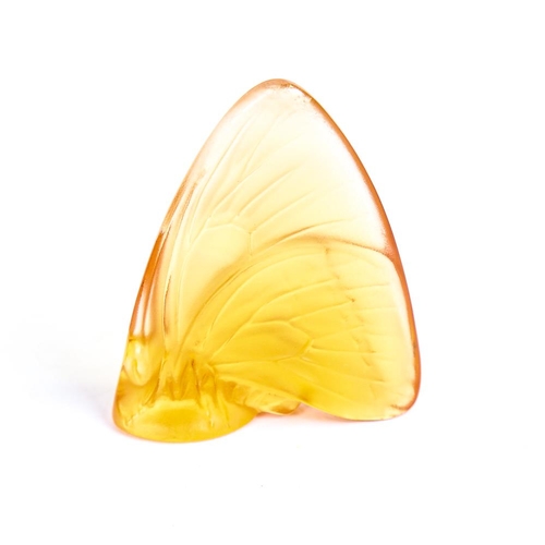 343 - LALIQUE FRANCE - amber coloured frosted glass butterfly, signed, height 5.5cm