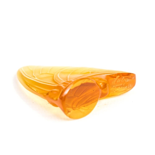 343 - LALIQUE FRANCE - amber coloured frosted glass butterfly, signed, height 5.5cm