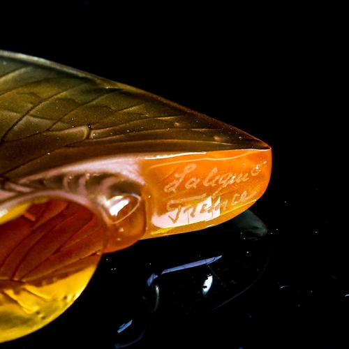 343 - LALIQUE FRANCE - amber coloured frosted glass butterfly, signed, height 5.5cm