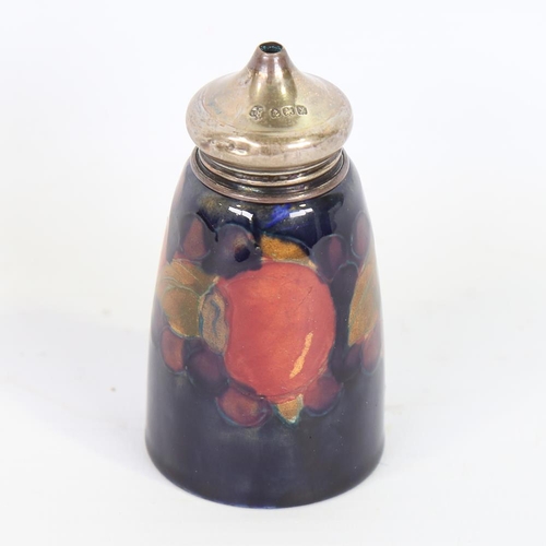 353 - MOORCROFT POTTERY - Pomegranate pattern salt with silver top, hallmarks Birmingham 1923, height 8cm