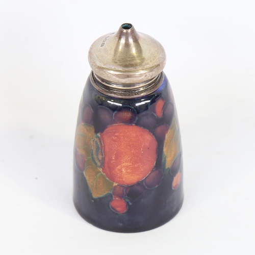 353 - MOORCROFT POTTERY - Pomegranate pattern salt with silver top, hallmarks Birmingham 1923, height 8cm