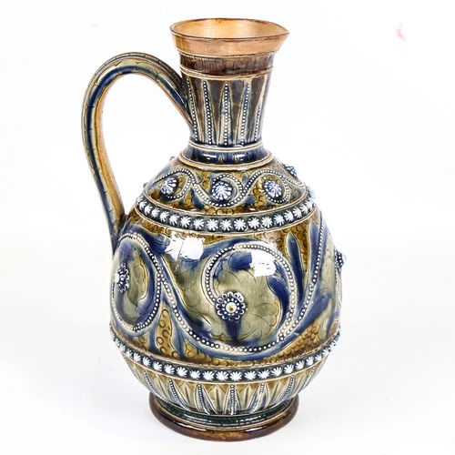 357 - Doulton Lambeth stoneware ewer, relief moulded decoration and incised leaves, dated 1876, height 21c... 