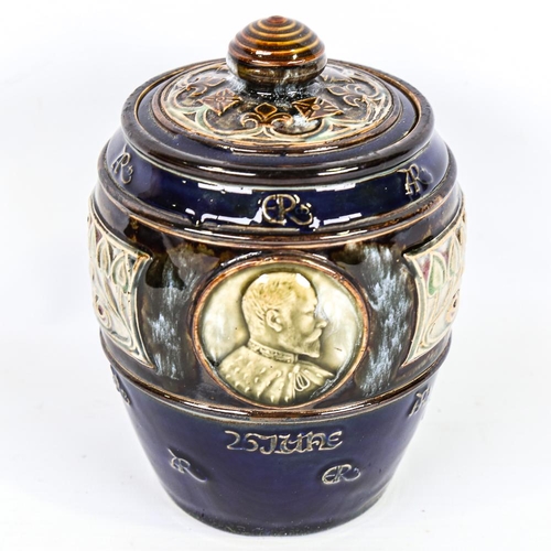 358 - Royal Doulton 1902 commemorative stoneware tobacco jar and cover, relief moulded decoration, height ... 