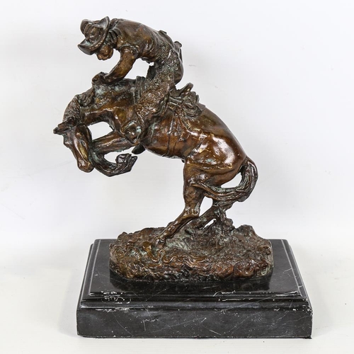 361 - After F Remington, reproduction patinated bronze sculpture, the rattle snake, marble plinth, height ... 