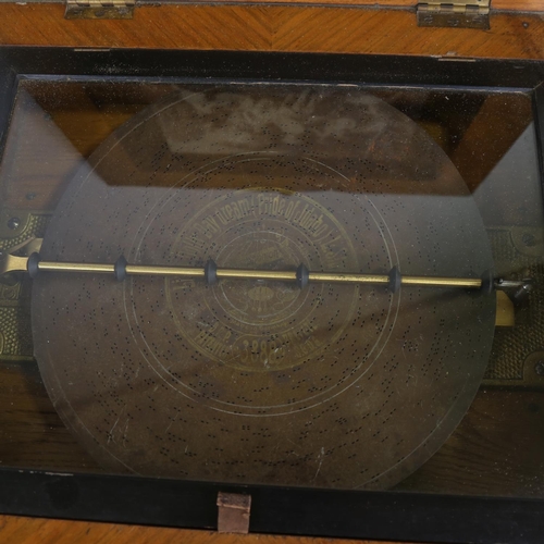 101 - A 19th century table symphonion, floral marquetry inlaid case with brass mounts, transfer printed pa... 