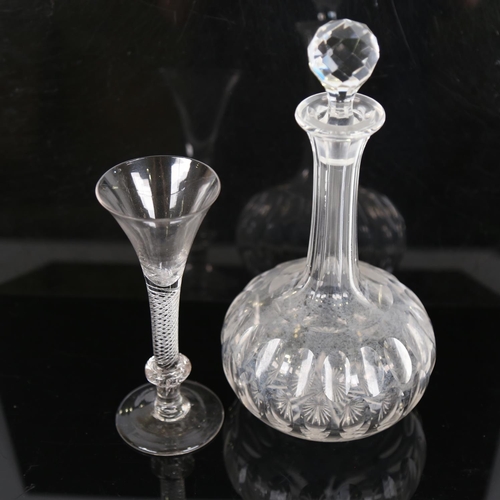 66 - An 18th century cordial glass, with funnel-shaped bowl and air twist stem, height 18cm, and a cut-gl... 