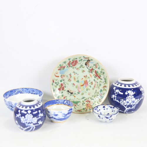 70 - A group of Oriental porcelain, including a celadon enamel plate, 18.5cm across (6)