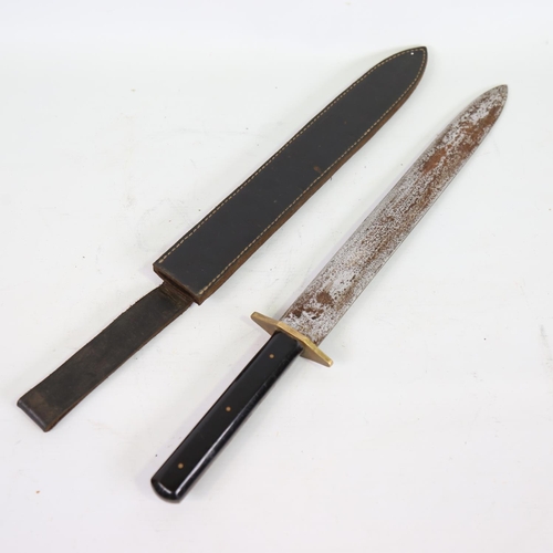 84 - A mid-20th century hunting knife, with composition grips and leather sheath, blade length 30cm