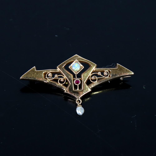 574 - A Scandinavian Art Nouveau 14ct gold opal ruby and baroque pearl brooch, angular geometric openwork ... 