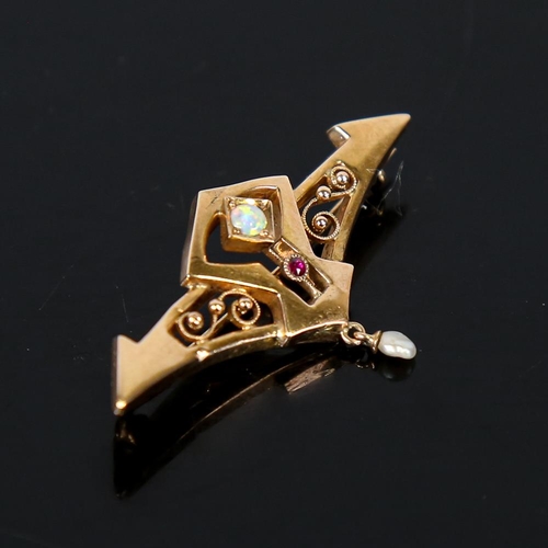 574 - A Scandinavian Art Nouveau 14ct gold opal ruby and baroque pearl brooch, angular geometric openwork ... 