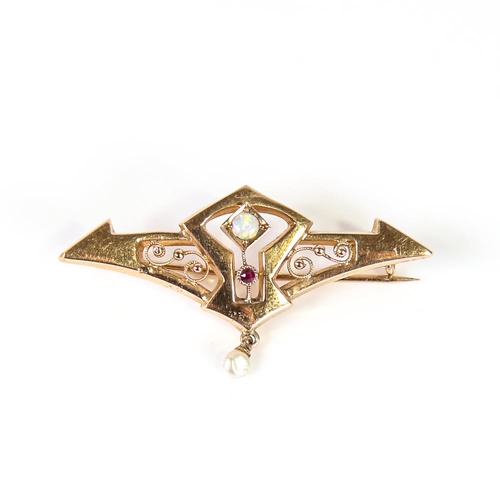 574 - A Scandinavian Art Nouveau 14ct gold opal ruby and baroque pearl brooch, angular geometric openwork ... 