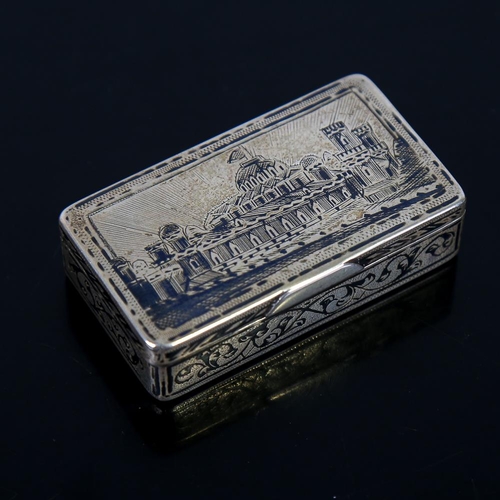 583 - A 19th century Russian 84 Zolotnik standard silver and niello snuffbox, rectangular form with engrav... 