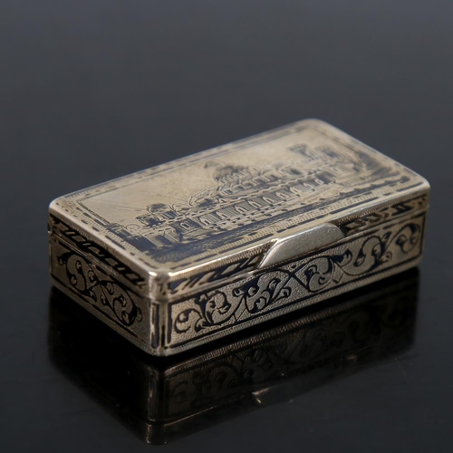 583 - A 19th century Russian 84 Zolotnik standard silver and niello snuffbox, rectangular form with engrav... 