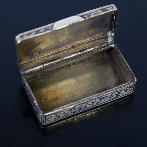 583 - A 19th century Russian 84 Zolotnik standard silver and niello snuffbox, rectangular form with engrav... 