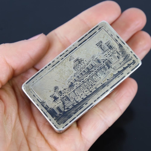 583 - A 19th century Russian 84 Zolotnik standard silver and niello snuffbox, rectangular form with engrav... 