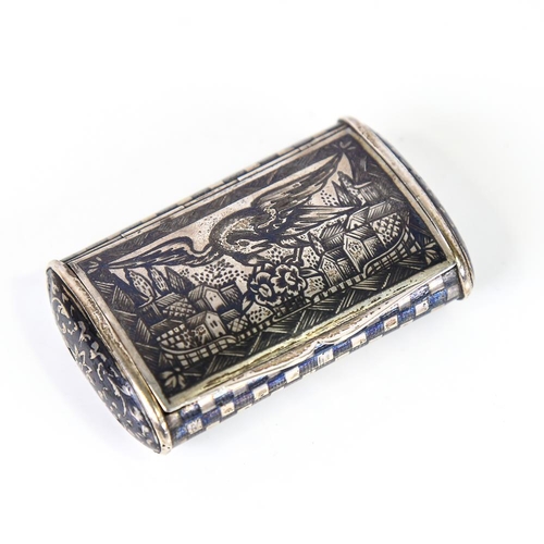 584 - A Russian silver and niello snuffbox, cushion form with eagle cityscape and floral decoration, 6.5cm... 