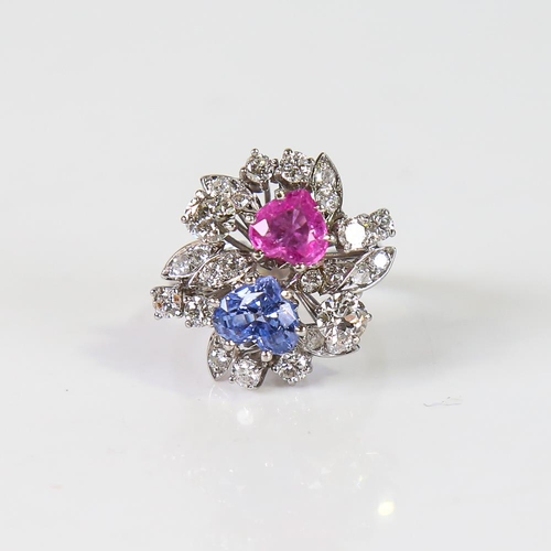 594 - A fancy modern 18ct white gold sapphire and diamond abstract floral spray cluster ring, set with 2ct... 