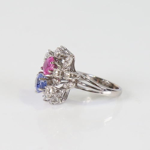 594 - A fancy modern 18ct white gold sapphire and diamond abstract floral spray cluster ring, set with 2ct... 