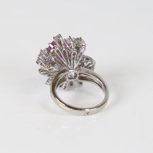 594 - A fancy modern 18ct white gold sapphire and diamond abstract floral spray cluster ring, set with 2ct... 