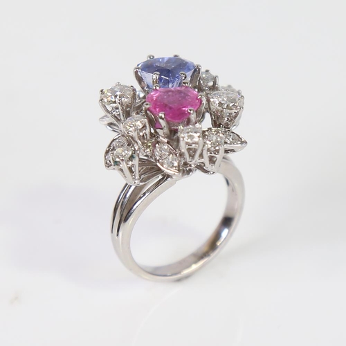 594 - A fancy modern 18ct white gold sapphire and diamond abstract floral spray cluster ring, set with 2ct... 