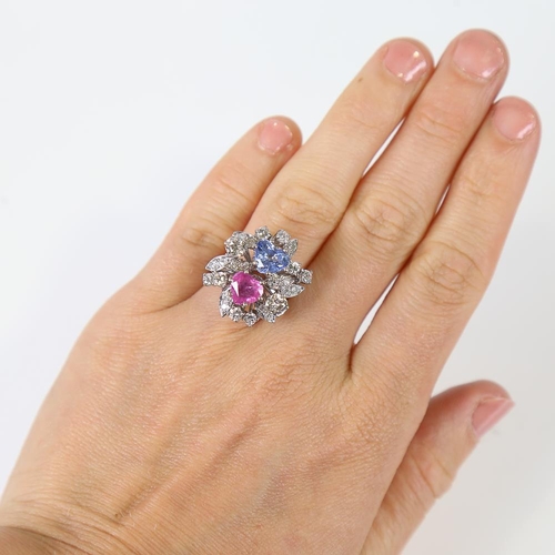 594 - A fancy modern 18ct white gold sapphire and diamond abstract floral spray cluster ring, set with 2ct... 