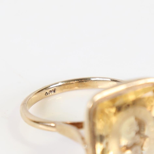 596 - A large Antique 9ct gold citrine seal ring, with garter motto 