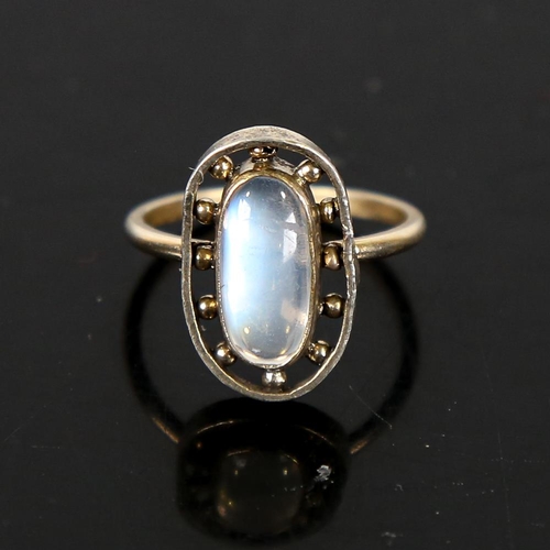 600 - An Antique cabochon blue moonstone panel ring, unmarked yellow metal settings, setting height 17.6mm... 