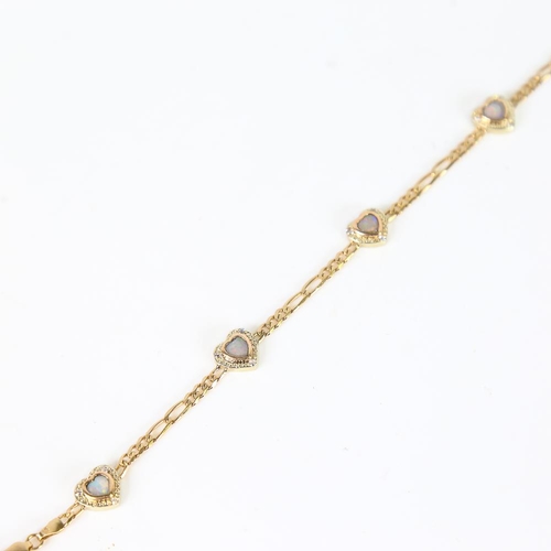 604 - A modern 9ct gold opal and cubic zirconia heart bracelet, each heart panel separated by figaro links... 