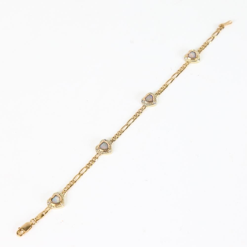 604 - A modern 9ct gold opal and cubic zirconia heart bracelet, each heart panel separated by figaro links... 