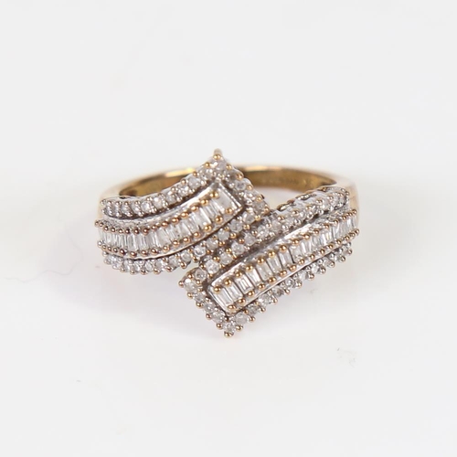 607 - A modern 9ct gold diamond cluster crossover ring, set with eight-cut and baguette-cut diamonds, tota... 