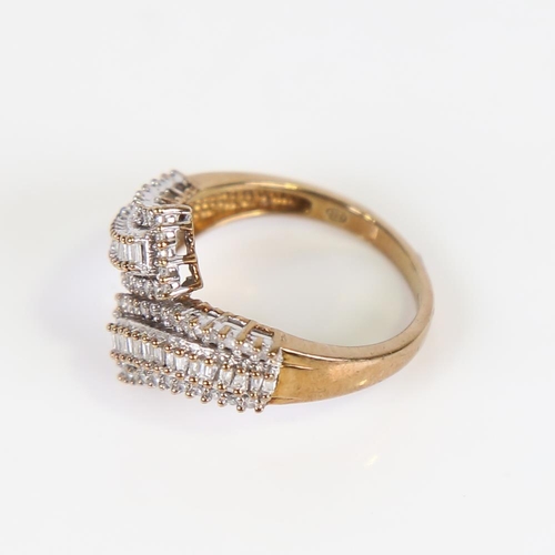 607 - A modern 9ct gold diamond cluster crossover ring, set with eight-cut and baguette-cut diamonds, tota... 