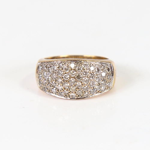 608 - A modern 9ct gold diamond cluster panel ring, pave set with modern round brilliant-cut diamonds, tot... 