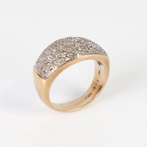 608 - A modern 9ct gold diamond cluster panel ring, pave set with modern round brilliant-cut diamonds, tot... 