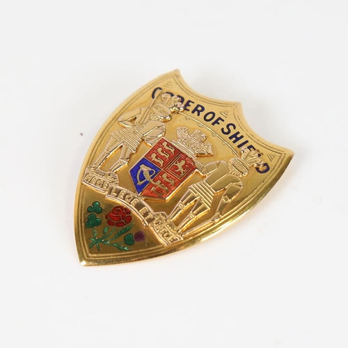 612 - An early 20th century 9ct gold and enamel Masonic Order of Shield presentation pendant medal, inscri... 