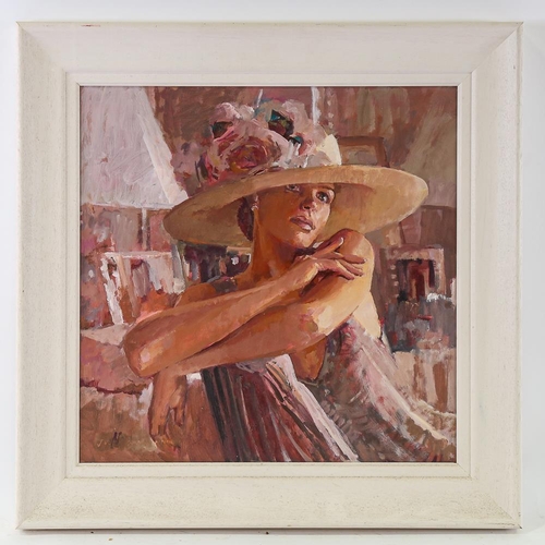 1749 - Julian Gordon Mitchell, oil on board, summer hat, 37cm x 37cm, framed