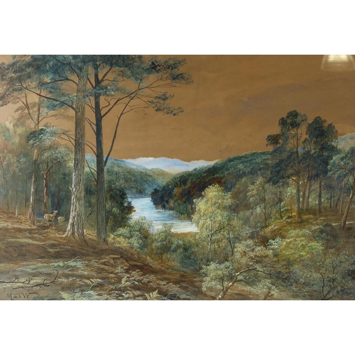 1755 - John McWhirter, watercolour/gouache, extensive landscape, signed with monogram, 50cm x 70cm, framed