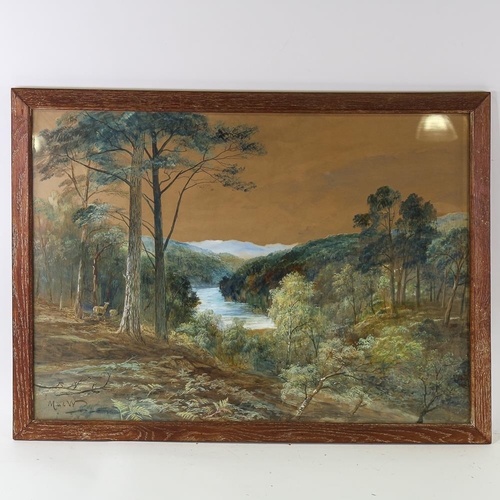 1755 - John McWhirter, watercolour/gouache, extensive landscape, signed with monogram, 50cm x 70cm, framed