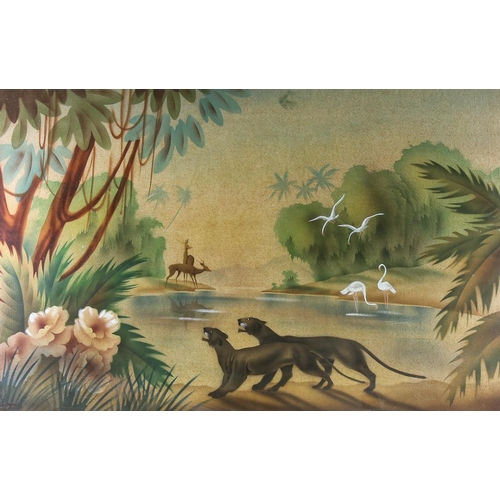 1757 - Large Art Deco watercolour on textured paper, forest pool with wild animals, original frame, unsigne... 