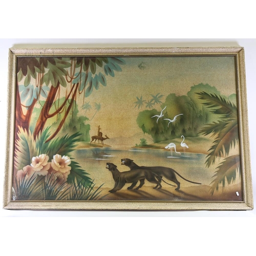 1757 - Large Art Deco watercolour on textured paper, forest pool with wild animals, original frame, unsigne... 