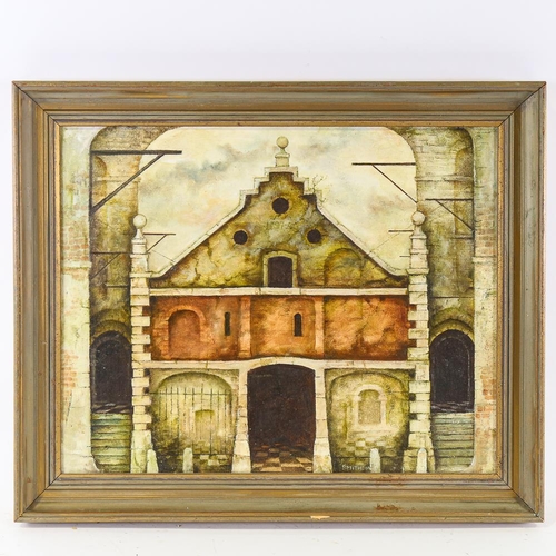 1762 - Stanley Smithson, oil on board, bomb damaged buildings, signed, 40cm x 50cm, framed