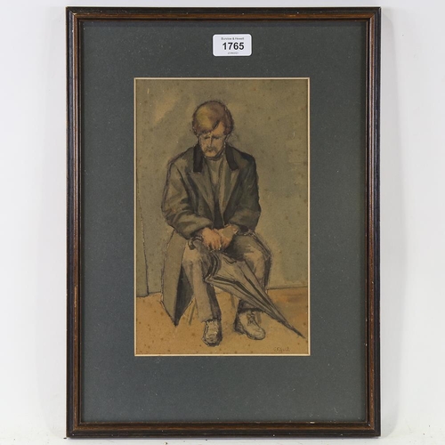 1765 - G B Fisher, watercolour, seated man with umbrella, signed, 27cm x 17cm, framed