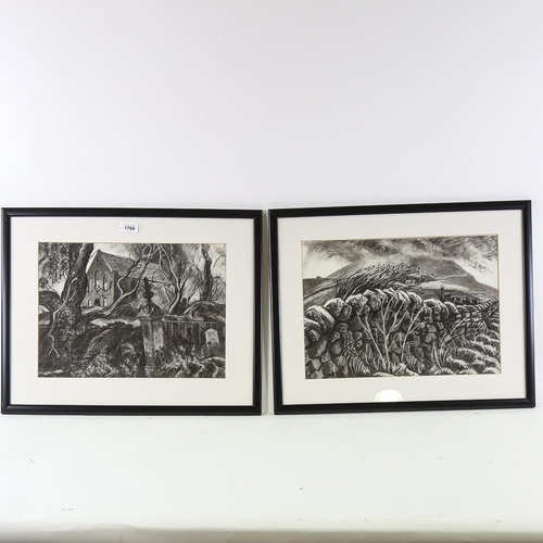 1766 - Jolyon Stringer, pair of charcoal and chalk drawings, Welsh landscapes, signed and titled, 28cm x 39... 