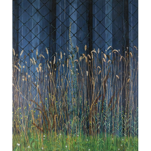 1775 - Oil on canvas, grasses and fence, unsigned, 122cm x 99cm, unframed