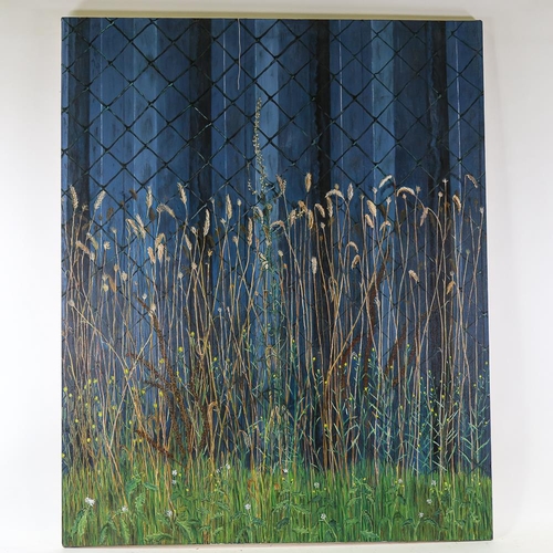 1775 - Oil on canvas, grasses and fence, unsigned, 122cm x 99cm, unframed