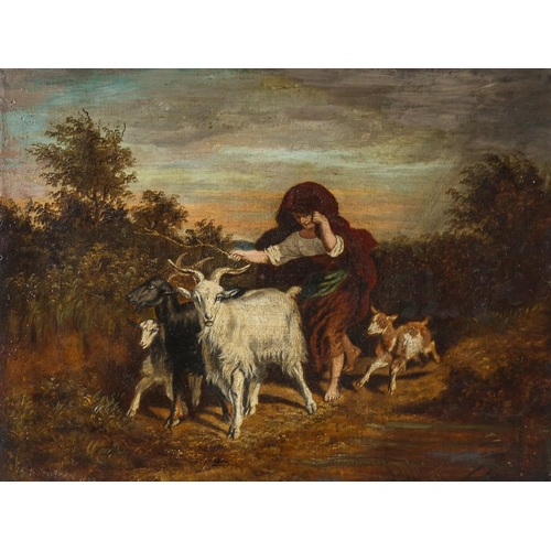 1776 - 19th century oil on canvas, young goat herd, indistinctly signed, dated 1827, 36cm x 46cm, unframed