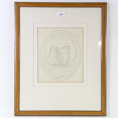 1777 - Pencil line drawing, study for a mural, unsigned, circa 1920s, image 24cm x 20cm, framed