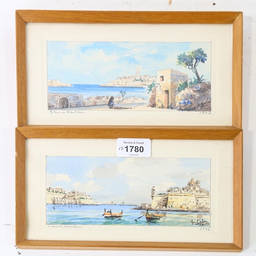 1780 - Joseph Galea, pair of watercolours, Malta Grand Harbour and Sliema Harbour, signed and dated 1973, 9... 